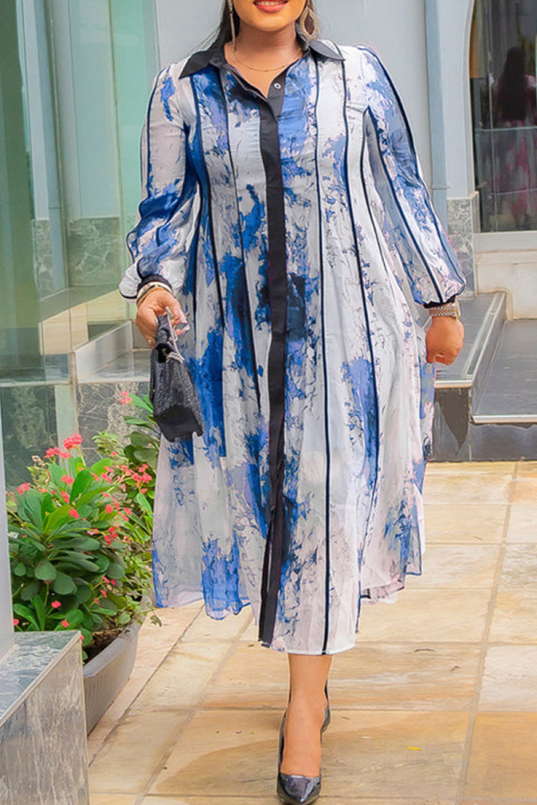 Royal Blue Elegant Print Buckle Patchwork With Belt Turndown Collar Long Dresses