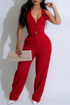 Red Casual Solid Color Buckle Patchwork Flower Shape V Neck Two Pieces