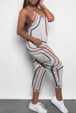 White Casual Print Pocket Patchwork Backless Spaghetti Strap Loose Jumpsuits