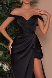 Black Elegant Solid Color Backless High Slit Ruched Off Shoulder Long Dresses