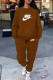 Brown Casual Street Letter Print Draw String Pocket O Neck Long Sleeve Two Pieces
