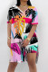 Pink Black Casual Vacation Floral Print Slit Contrast V Neck Short Sleeve Two Pieces