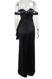 Black Elegant Solid Color Backless High Slit Ruched Off Shoulder Long Dresses