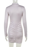 White Casual Solid Color Patchwork Ruched Hot Drill Turtleneck Wrapped Skirt Dresses