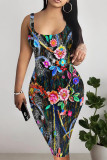 Multicolor Sexy Floral Print Graffiti Print Contrast U Neck Printed Dresses