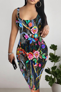 Dark Blue Sexy Floral Print Graffiti Print Contrast U Neck Printed Dresses