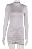 White Casual Solid Color Patchwork Ruched Hot Drill Turtleneck Wrapped Skirt Dresses