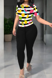 Powder White Casual Print Patchwork O Neck Short Sleeve Two Pieces