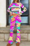 Pink Casual Print Patchwork O Neck Long Sleeve Two Pieces