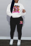 White Black Casual Print Pocket Patchwork Hooded Long Sleeve Two Pieces