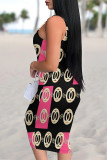 Multicolor Sexy Floral Print Graffiti Print Contrast U Neck Printed Dresses