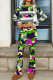 Green Pink Casual Print Patchwork O Neck Long Sleeve Two Pieces