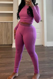 Pink Casual Solid Color Basic O Neck Long Sleeve Two Pieces