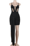 Black Sexy Solid Color Patchwork Backless Spaghetti Strap Sling Dresses