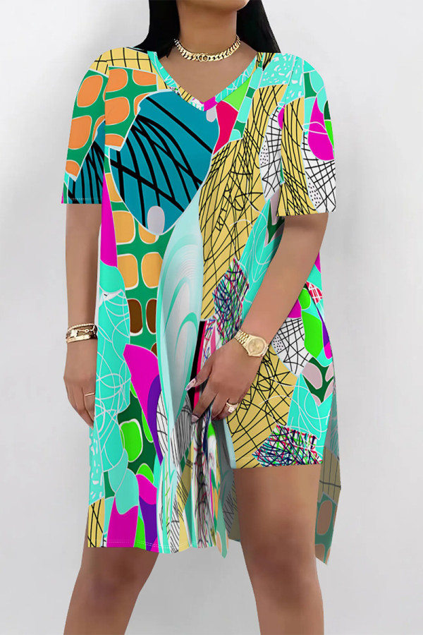 Lake Blue Casual Vacation Floral Print Slit Contrast V Neck Short Sleeve Two Pieces