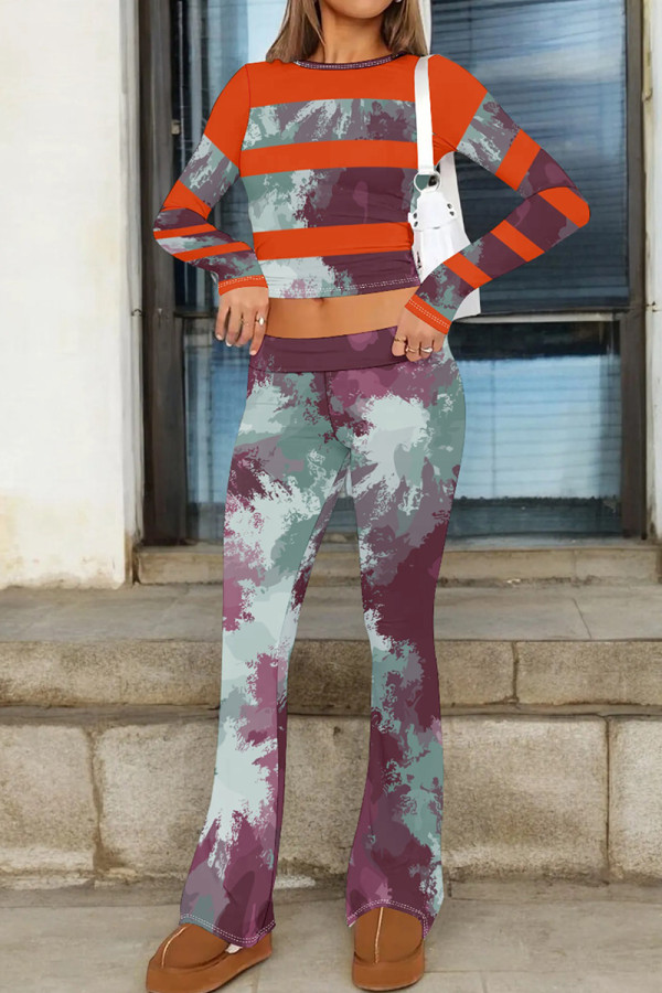Reddish Brown Casual Print Patchwork O Neck Long Sleeve Two Pieces