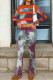 Reddish Brown Casual Print Patchwork O Neck Long Sleeve Two Pieces