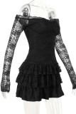 Black Sexy Solid Color Lace Patchwork Backless Off Shoulder Wrapped Skirt Dresses