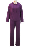 Purple Casual Solid Color Draw String Pocket Patchwork Hooded Long Sleeve Two Pieces