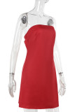 Red Sexy Solid Color Patchwork Backless Strap Design Strapless Wrapped Skirt Dresses