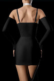 Black Sexy Solid Color Patchwork Backless Spaghetti Strap Sling Dresses