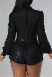 Black Party Patchwork Sequins V Neck Bodycon Rompers