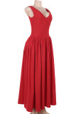 Red Elegant Solid Color Patchwork V Neck Long Dresses