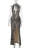 Black Sexy Lace Hollow Out High Slit Deep V Neck Long Dresses
