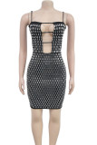 Apricot Sexy Solid Color Hollow Out Backless Hot Drill Spaghetti Strap Sling Dresses
