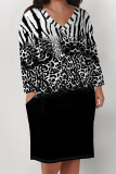 Black Casual Daily Flowers Faux Denim Print Pocket Contrast V Neck Printed Plus Size Dresses