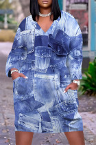 The cowboy blue Casual Daily Flowers Faux Denim Print Pocket Contrast V Neck Printed Plus Size Dresses