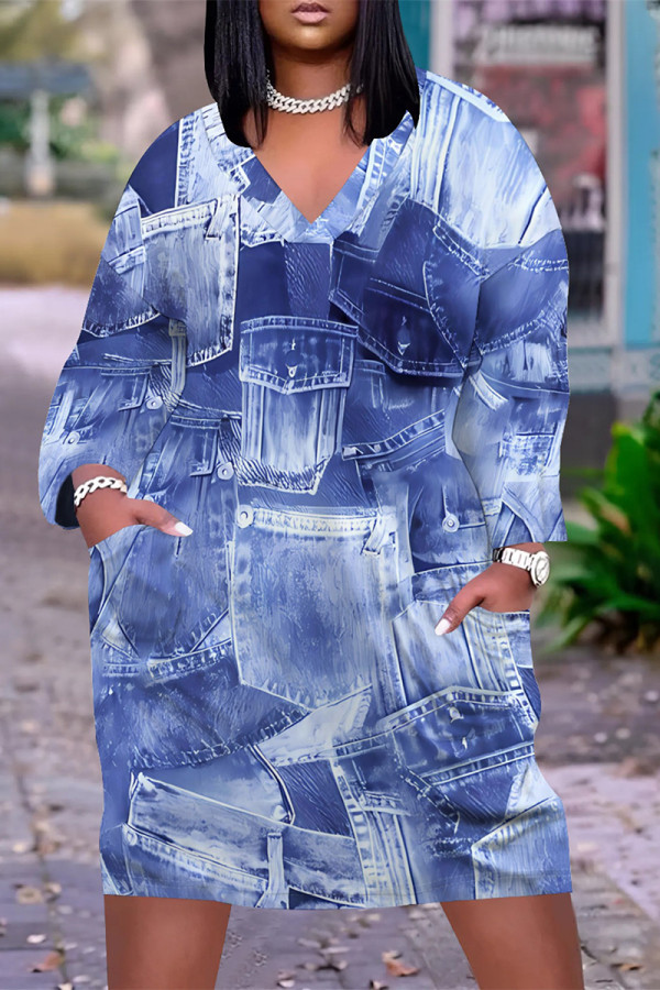 The cowboy blue Casual Daily Flowers Faux Denim Print Pocket Contrast V Neck Printed Plus Size Dresses