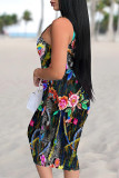 Multicolor Sexy Floral Print Graffiti Print Contrast U Neck Printed Dresses
