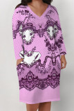 Black Casual Daily Flowers Faux Denim Print Pocket Contrast V Neck Printed Plus Size Dresses