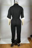 Red Casual Patchwork Contrast Zipper Collar Straight Jumpsuits
