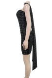 Black Sexy Patchwork Hot Drill Zipper Strapless Wrapped Skirt Dresses(With Ribbons Fluttering)