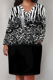 Black Casual Daily Flowers Faux Denim Print Pocket Contrast V Neck Printed Plus Size Dresses