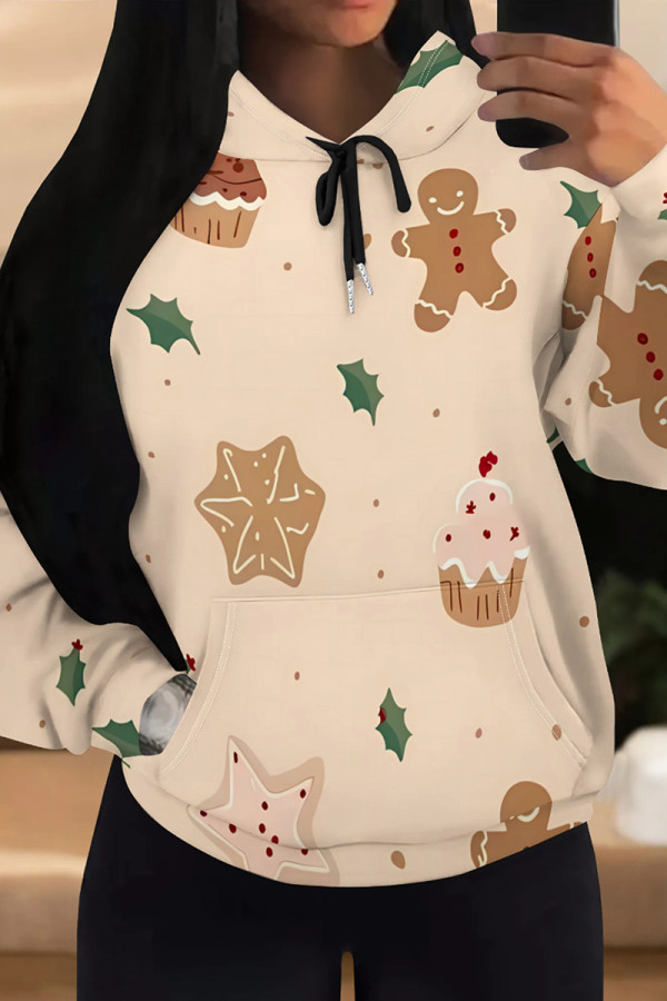 Khaki Casual Print Draw String Pocket Patchwork Hooded Tops