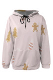 Pink Casual Print Draw String Pocket Patchwork Hooded Tops