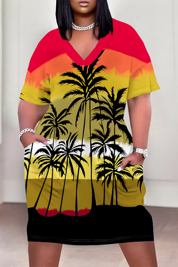 Red Yellow Casual Vacation Flowers Stripe Landscape printing Eye Pocket Contrast V Neck Printed Plus Size Dresses