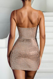 Apricot Sexy Solid Color Hollow Out Backless Hot Drill Spaghetti Strap Sling Dresses