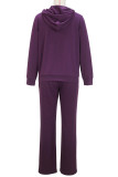 Purple Casual Solid Color Draw String Pocket Patchwork Hooded Long Sleeve Two Pieces