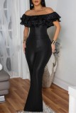 Black Casual Solid Color Patchwork Backless Off Shoulder Bodycon Jumpsuits