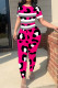 Deep Pink Casual Print Patchwork O Neck Short Sleeve Two Pieces