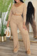 Apricot Casual Solid Color Buckle Patchwork U Neck Three Quarter Two Pieces
