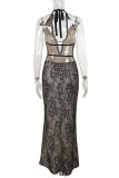Black Sexy Lace Hollow Out High Slit Deep V Neck Long Dresses