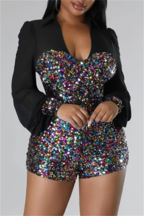 Multi-color Party Patchwork Sequins V Neck Bodycon Rompers