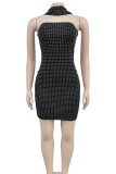 Black Sexy Patchwork Hot Drill Zipper Strapless Wrapped Skirt Dresses(With Ribbons Fluttering)