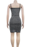 Apricot Sexy Solid Color Hollow Out Backless Hot Drill Spaghetti Strap Sling Dresses