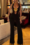 Black Casual Hollow Out Patchwork Flower Shape Halter Regular Jumpsuits